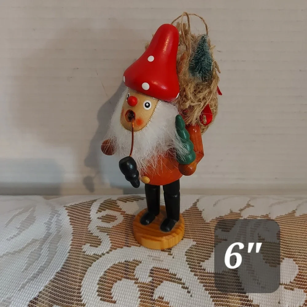 Vintage Wooden Incense Smoker Gnome Santa Figurine Red Mushroom Hat 6